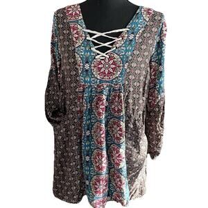 Umgee Tunic Top SMALL Boho Patchwork Lace Up Peasant Floral Hippie Pocket